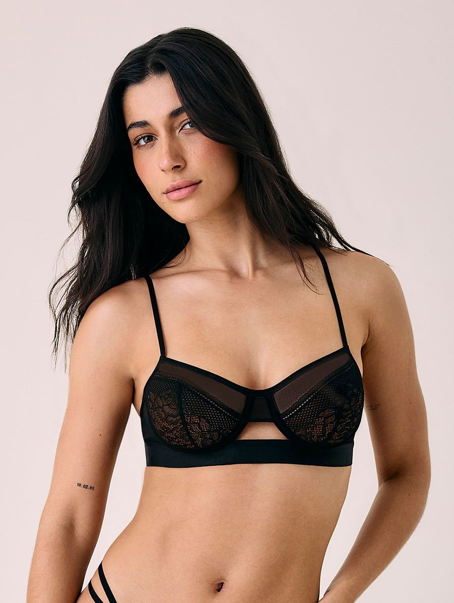 Sutiã Meia-taça Com Aro Em Renda E Tule Preto — foto 1