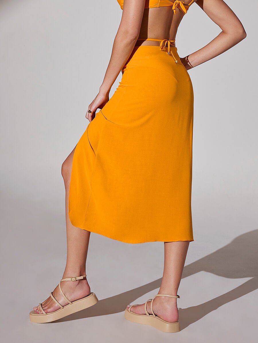 Saia Midi Com Fenda Frontal E Argola Laranja Mango — foto 2