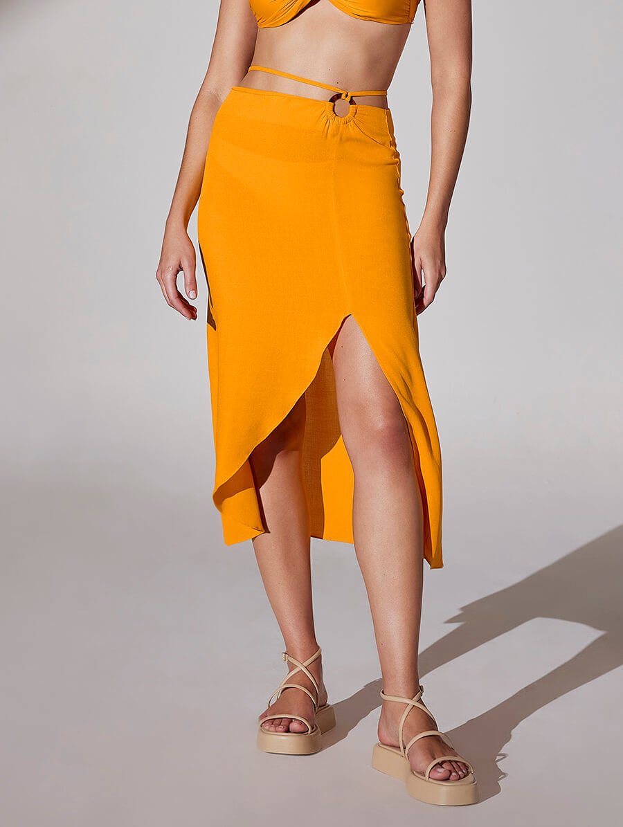 Saia Midi Com Fenda Frontal E Argola Laranja Mango — foto 3