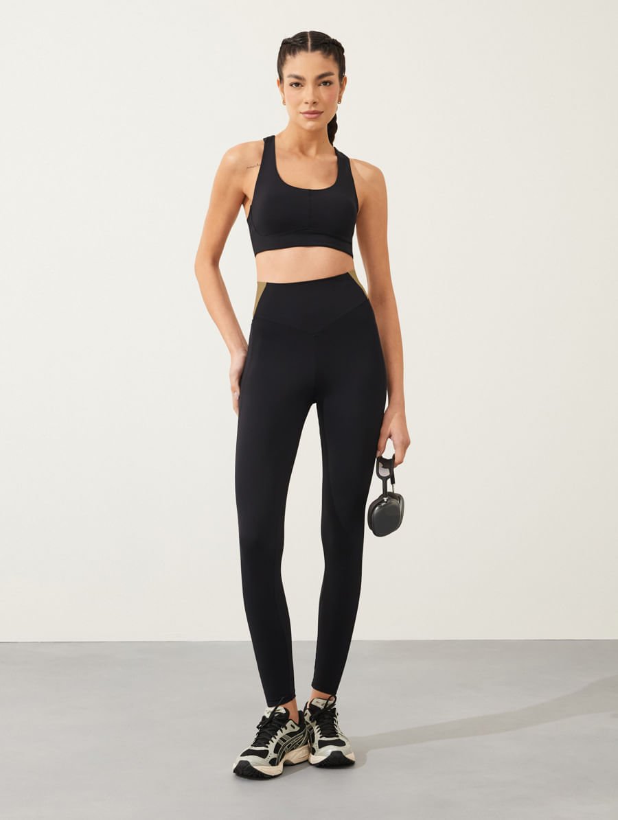 Calça Legging Cós Alto Corte A Fio Bicolor Preto/bege Panama — foto 1