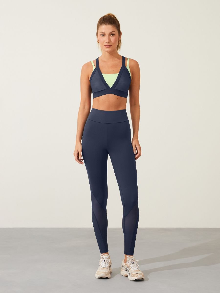Calça Legging Com Bolsos E Recorte Em Tule Azul Marinho Dark — foto 1