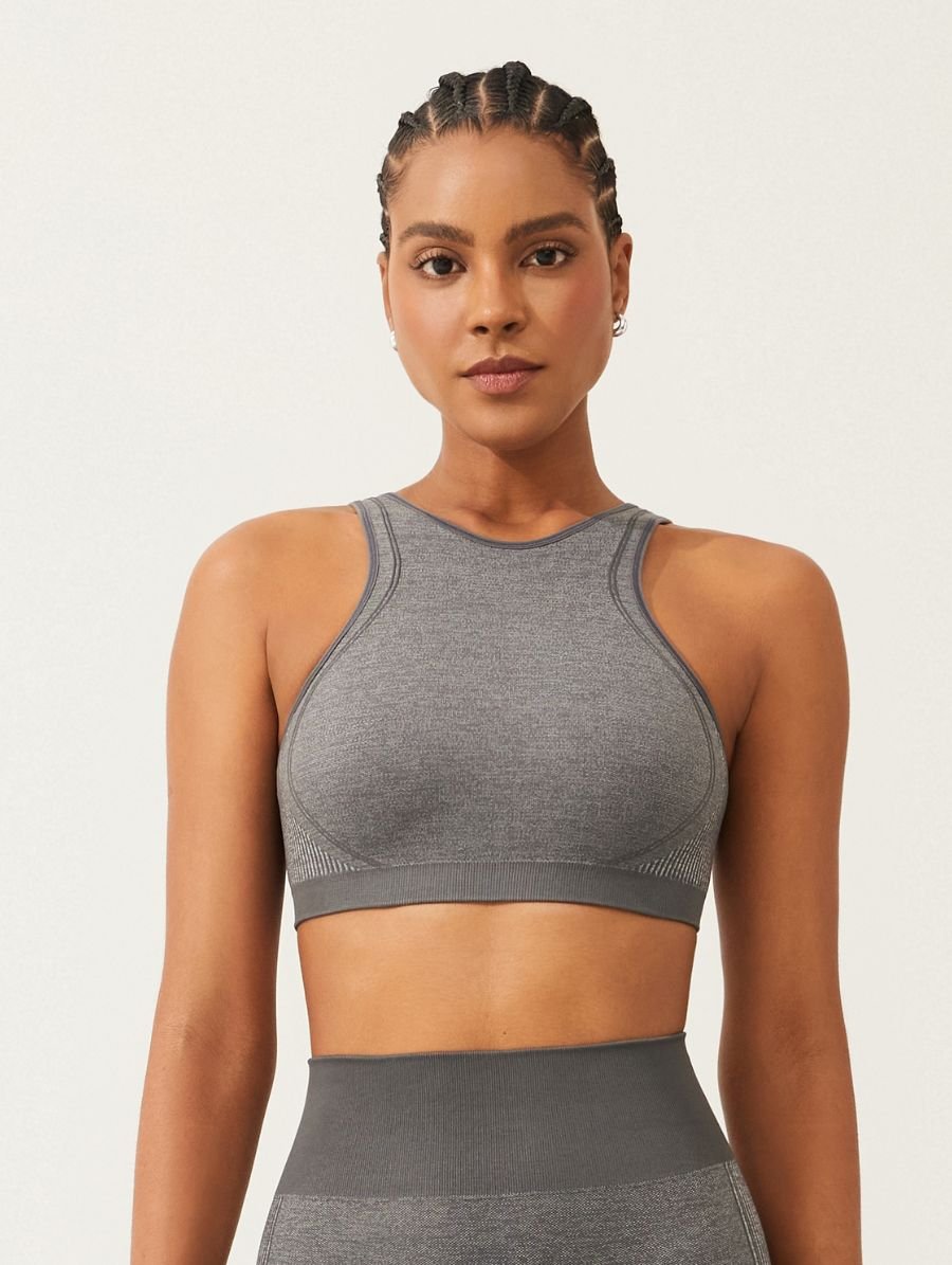Top Fitness Halter Neck Texturizado Sem Costura Cinza Mescla Medio — foto 1