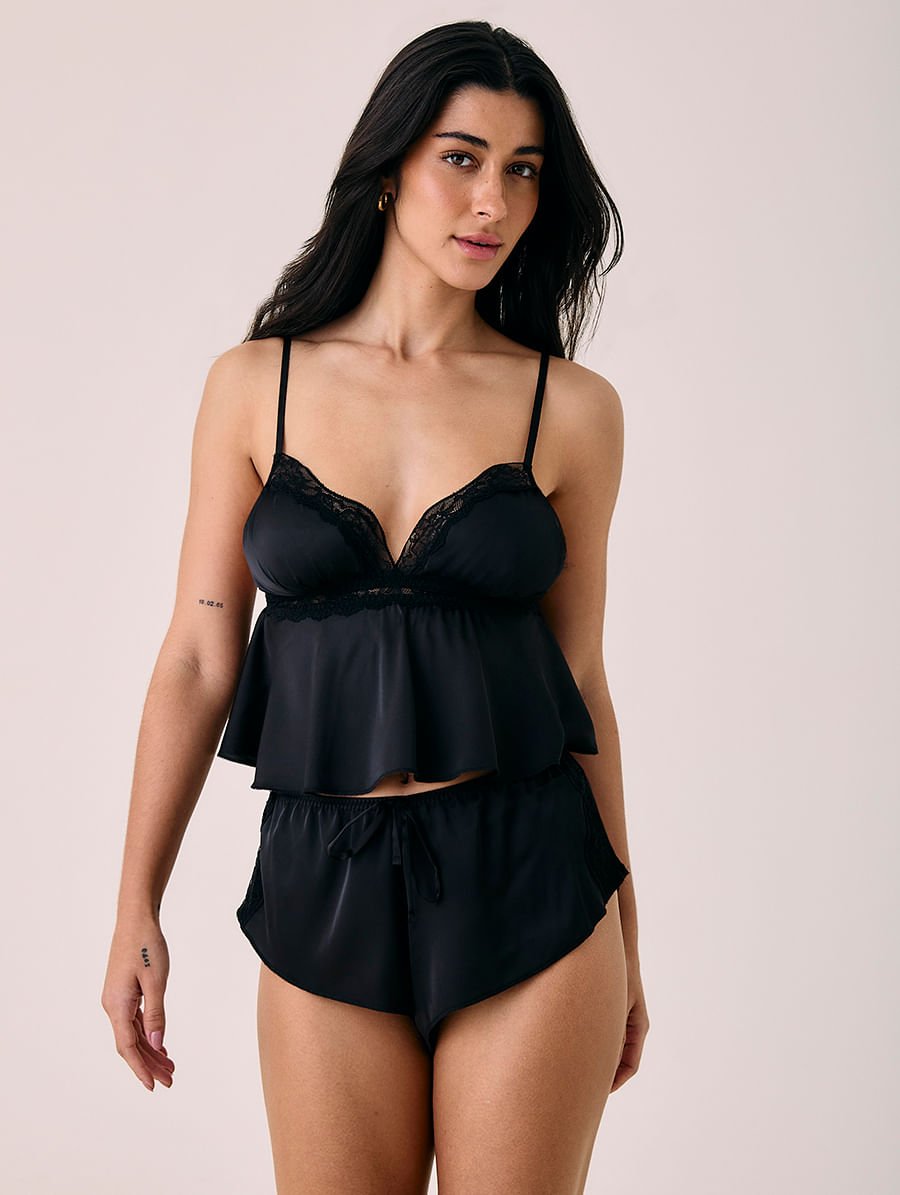 Baby Doll Alças Finas Em Cetim Com Renda Love Stories Glow Preto — foto 1