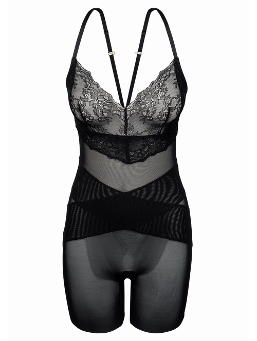 Body Modelador Em Tule E Renda Preto