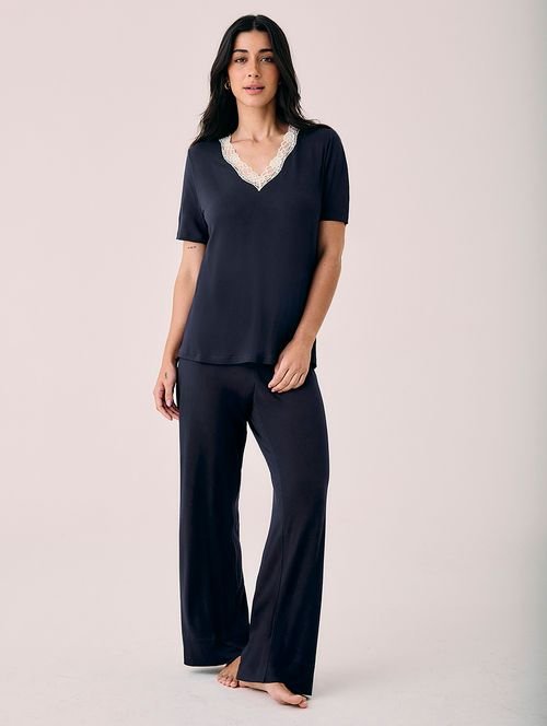 Pijama Longo Manga Curta Em Viscose E Renda Moon Azul Diamond