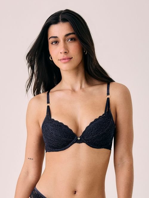 Sutiã Meia-taça Com Bojo E Com Aro Em Renda Azul Diamond
