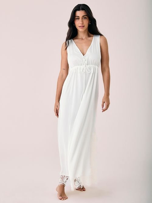 Camisola Longa Em Cetim E Renda Sweet Maternity Off White