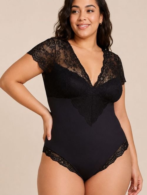 Body Modelador Em Renda E Microfibra Preto